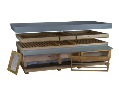 TRIPLE HORIZONTAL HIVE AND THE QUEEN CELL HOLDING FRAME FOR QEEN BREEDING OR ROYAL JELLY PRODUCTION ASSEMBLED